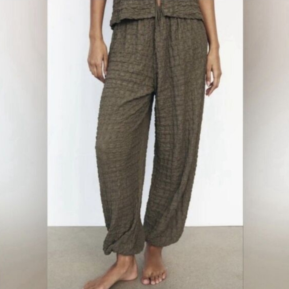 NWT ZARA Pants Women Elastic Waist Hi-Rise Crinkle Texture Balloon Olive Grey M